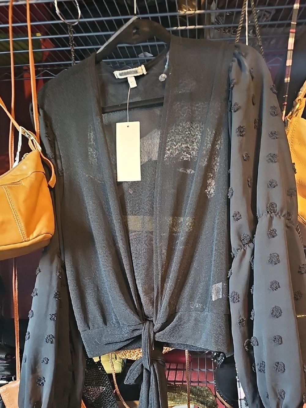 Amber Skirs Black Tie-Front Women’s Sweater with Textured Puff Sleeves